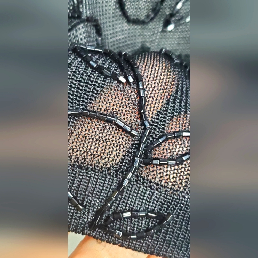 Oscar de la Renta Black Embellished Short Sleeve Top - Knit  Beaded - Picture 7 of 10